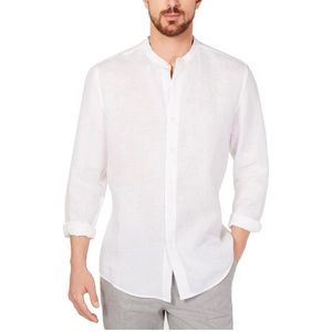 Tasso Elba White Linen Button Up Down Shirt Collarless XL Mens